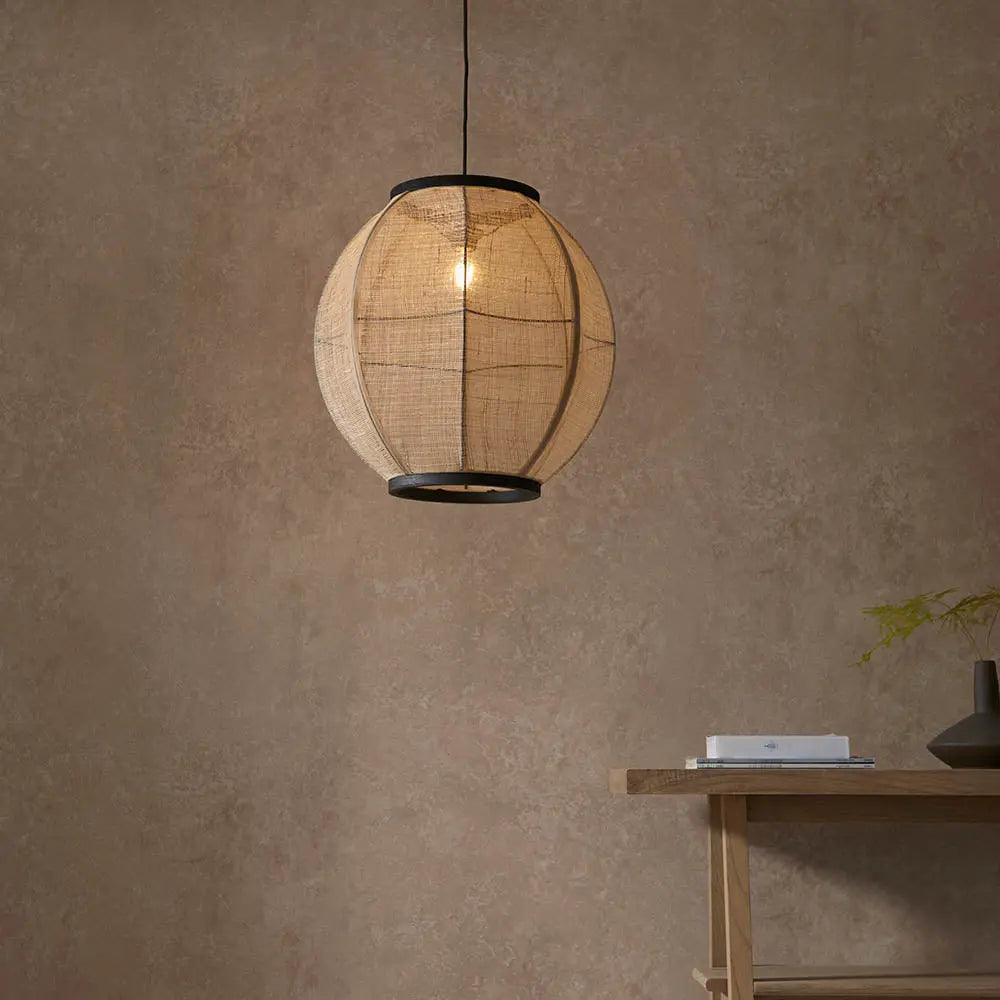 Zaire Large Pendant in Natural Linen, Dark Plywood & Matt Black - 101688 Endon