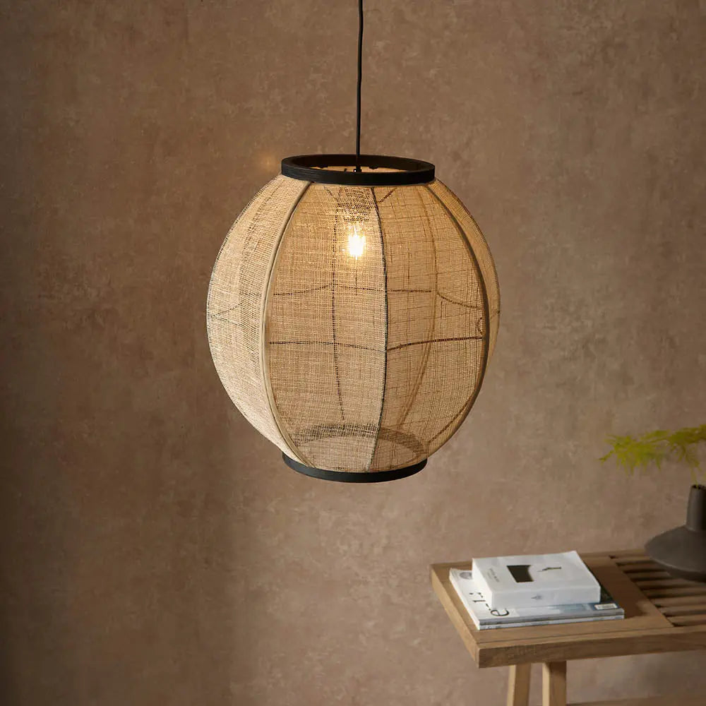Zaire Large Pendant in Natural Linen, Dark Plywood & Matt Black - 101688 Endon