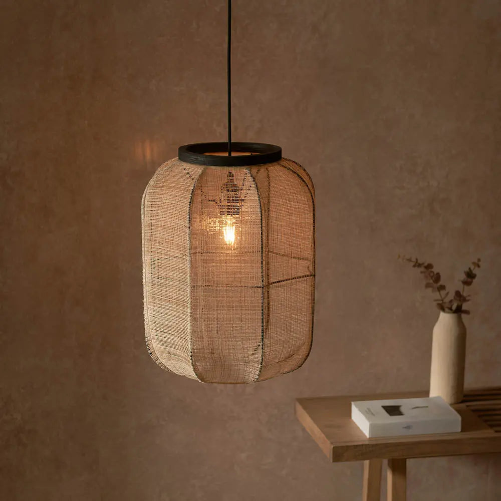 Zaire Medium Pendant in Natural Linen, Dark Plywood & Matt Black - 101689 Endon