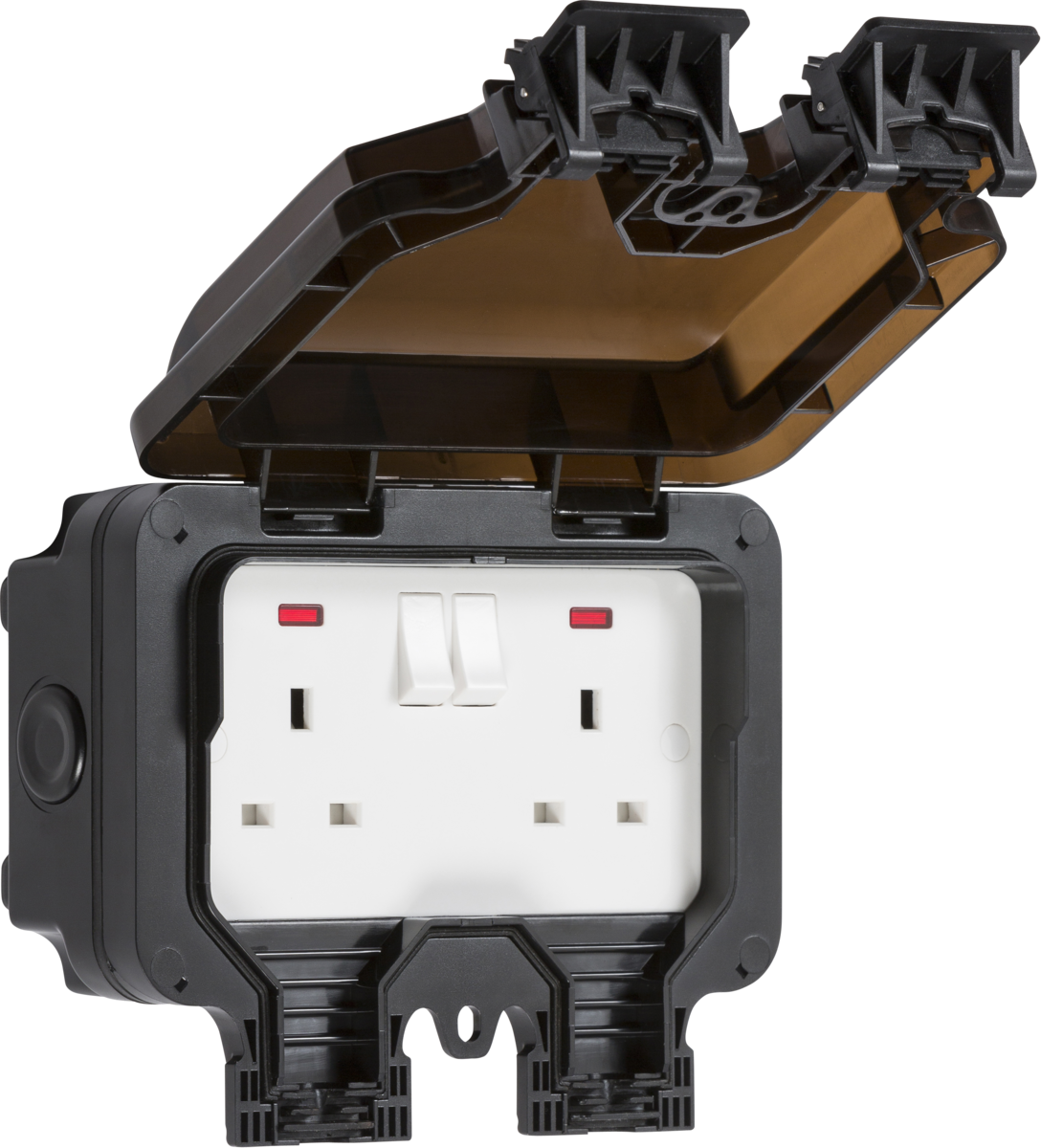Outdoor Double Socket IP66 13A 2 Gang Double Pole Switched Socket with Neon - Black
