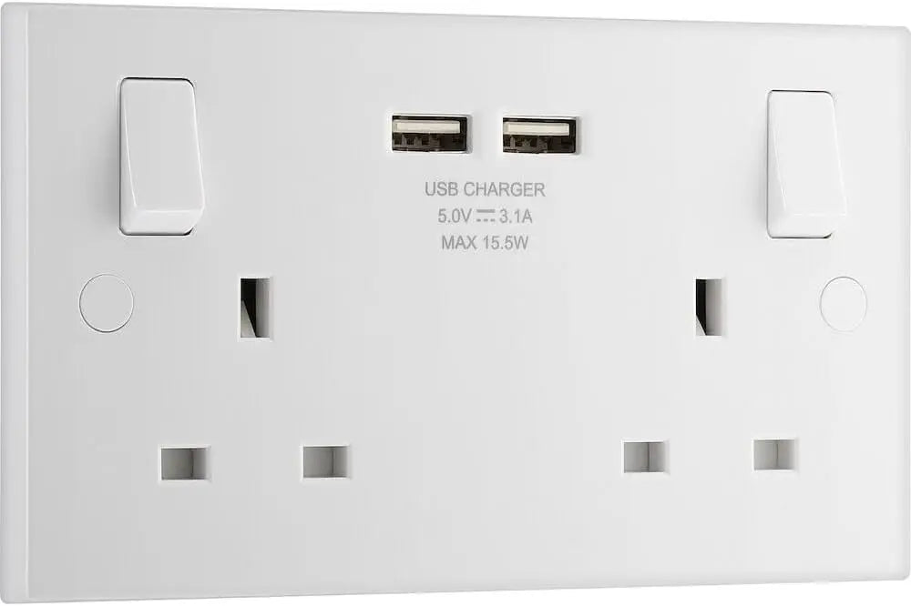 BG Electrical White Double Socket USB 2x -A 3.1A Square Edge 2 Gang 13A  Switched 922U3 BG (British General)