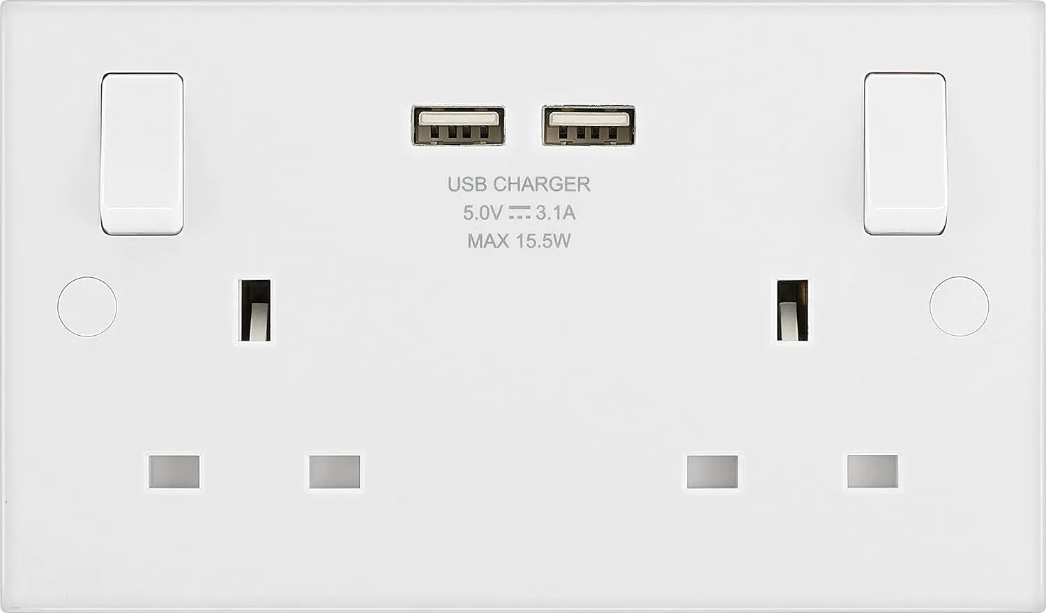 BG Electrical White Double Socket USB 2x -A 3.1A Square Edge 2 Gang 13A  Switched 922U3 BG (British General)