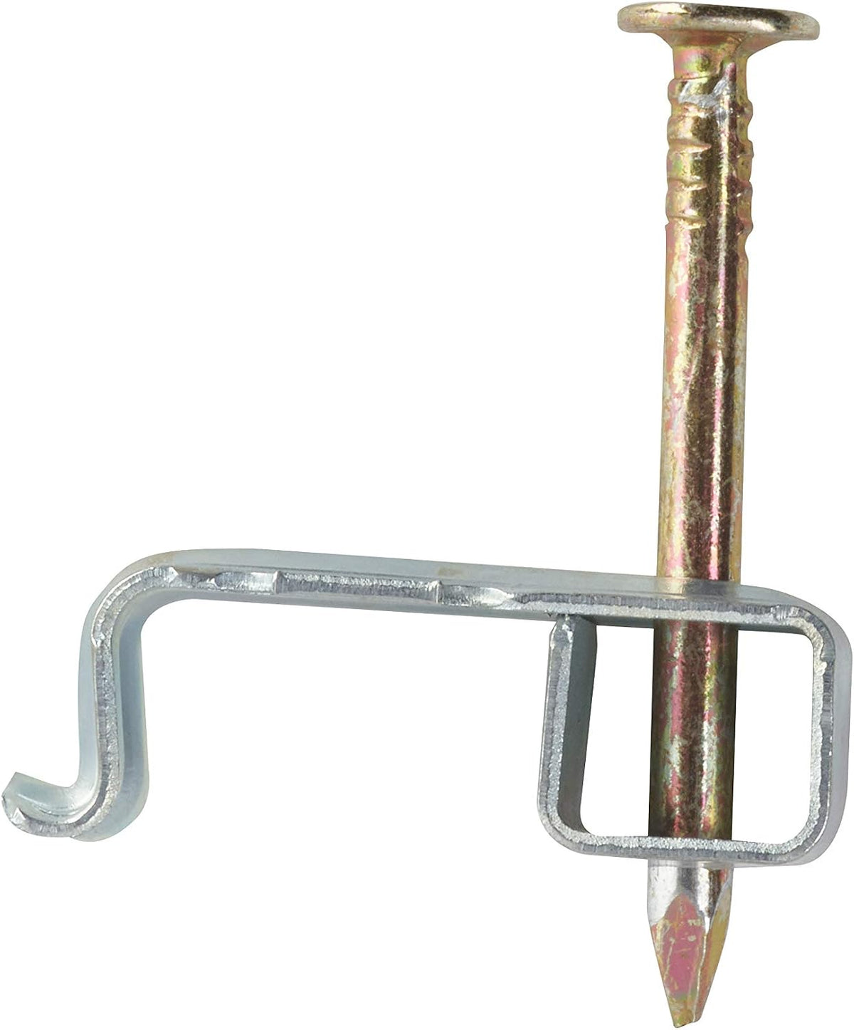 A galvanized steel wall clip with a matching galvanized nail, isolated on a white background.