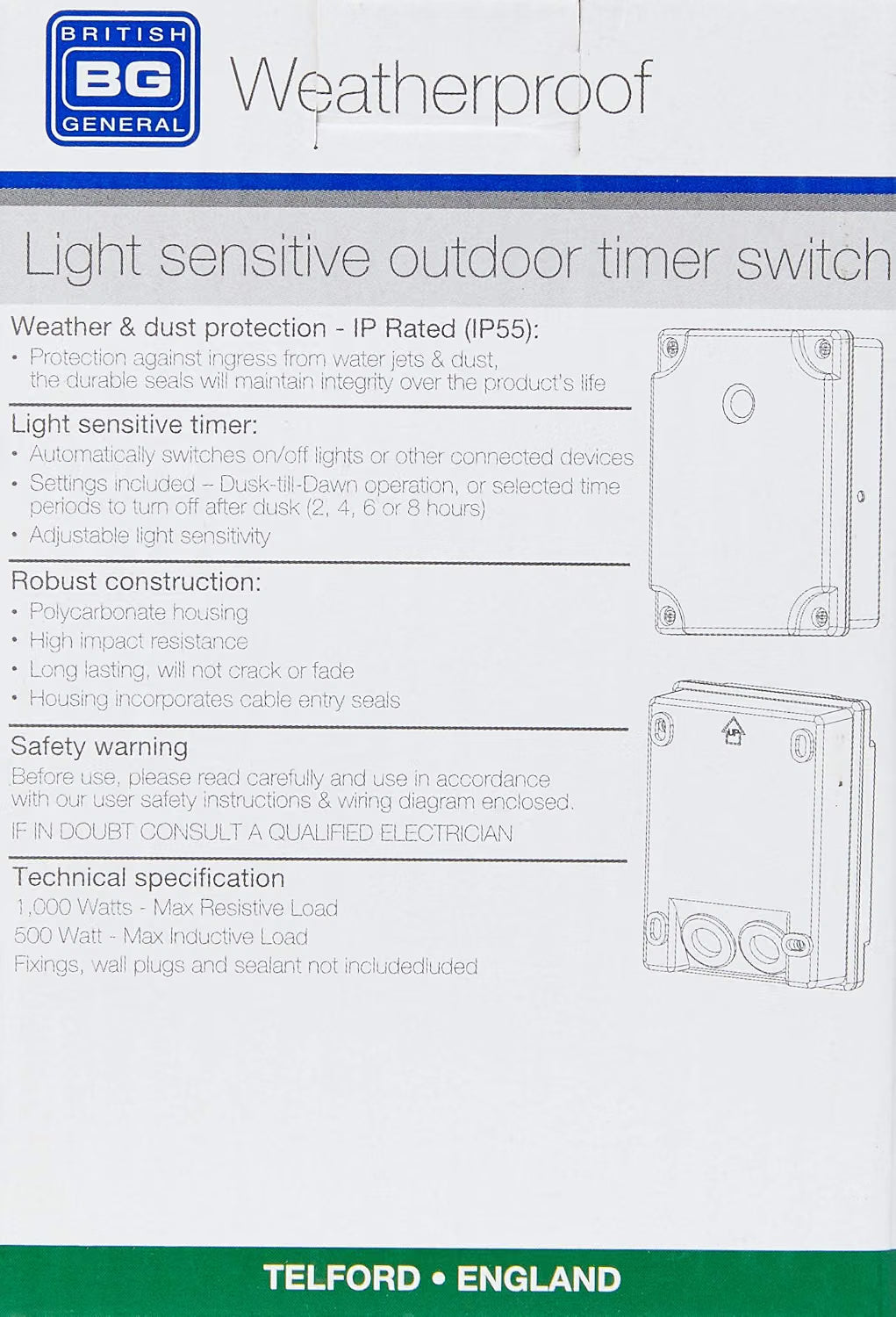 BG Electrical WPDD-01 Dusk-Till-Dawn Outdoor Light Sensor Timer IP55