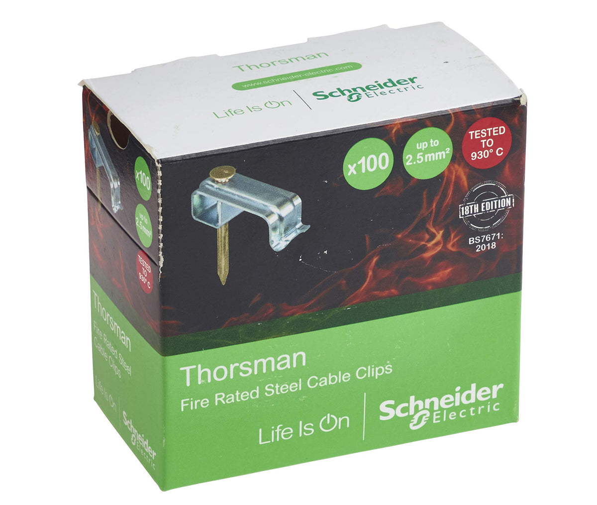 Schneider Electric Thorsman fire rated steel cable clips in its original retail packaging, showing a 100-pack count and product specifications.