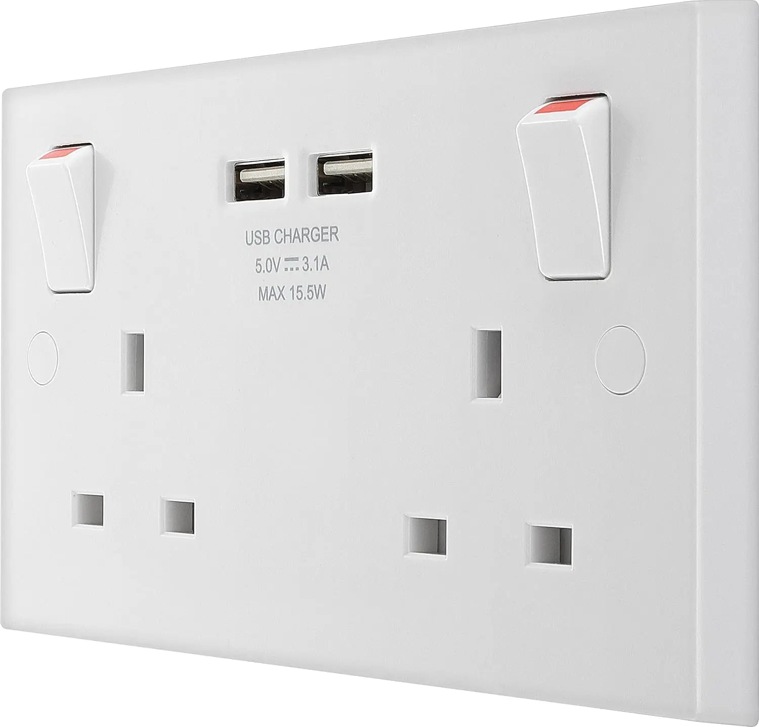 BG Electrical White Double Socket USB 2x -A 3.1A Square Edge 2 Gang 13A  Switched 922U3 BG (British General)