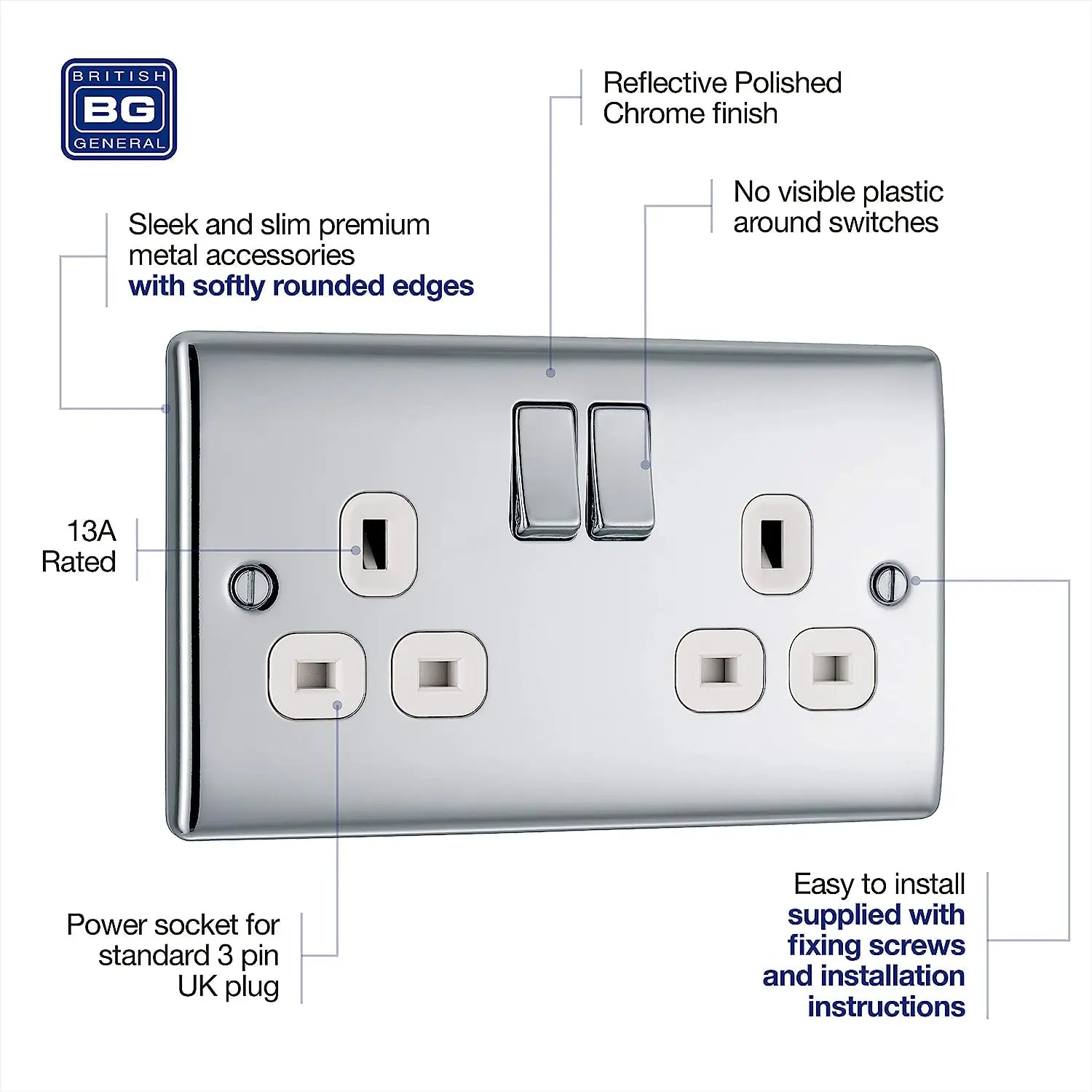 BG Nexus Metal Double Socket 13A Plug Polished Chrome With White Inserts - NPC22W BG (British General)