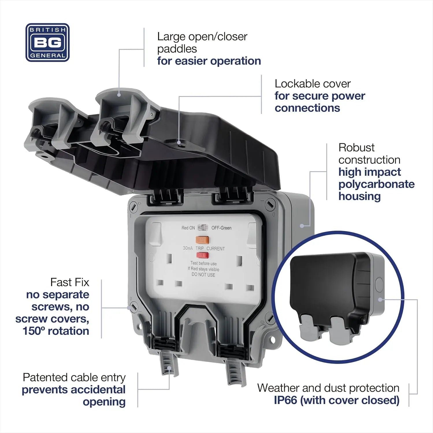 BG Electrical WP22RCD-01 Double Weatherproof Outdoor Switched Socket with Latching RCD - IP66 13A