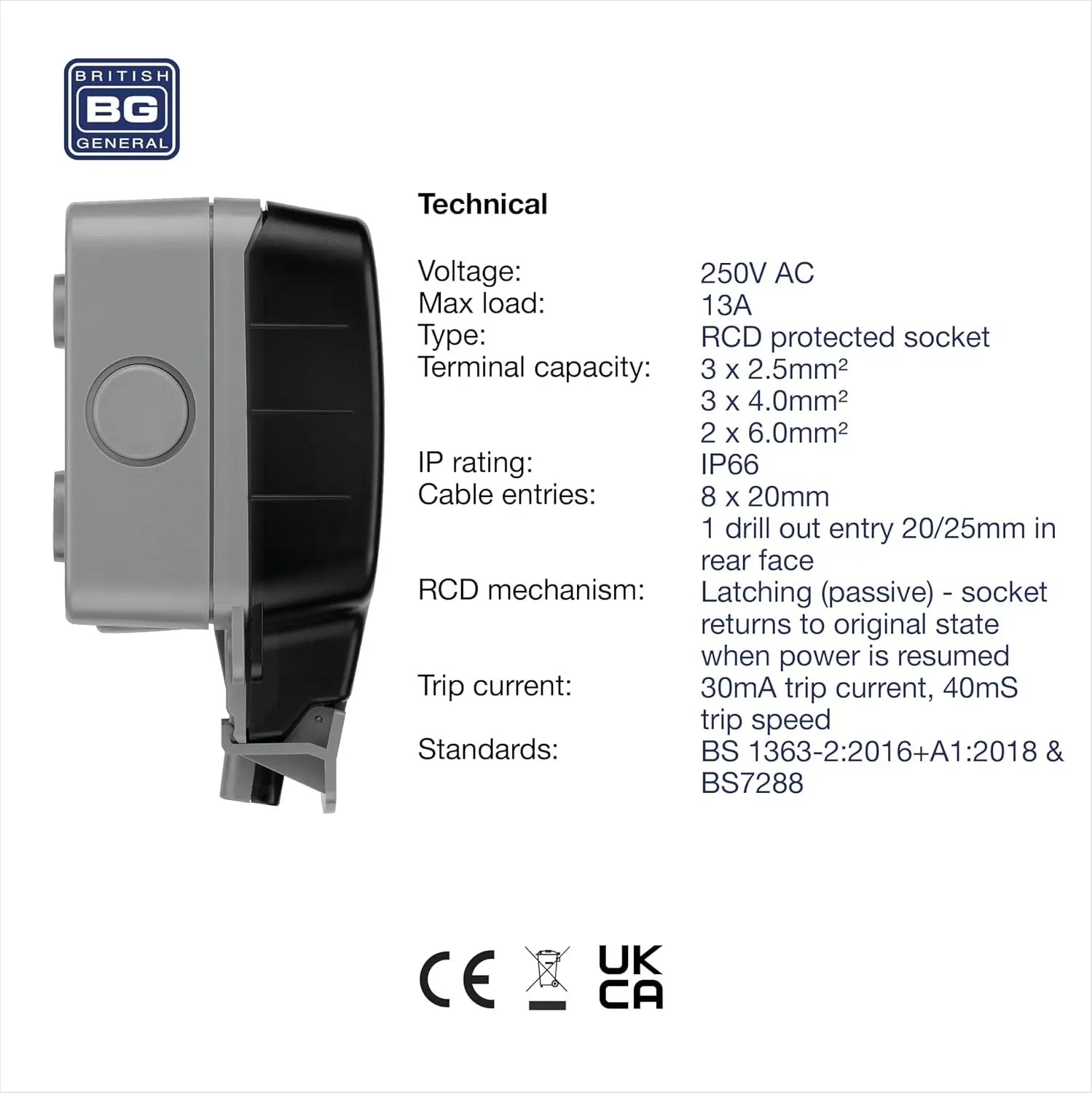 BG Electrical WP22RCD-01 Double Weatherproof Outdoor Switched Socket with Latching RCD - IP66 13A
