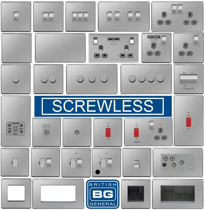 BG Nexus Screwless Flat Plate Brushed Steel Switches and Sockets Grey Inserts Full Range BG Nexus