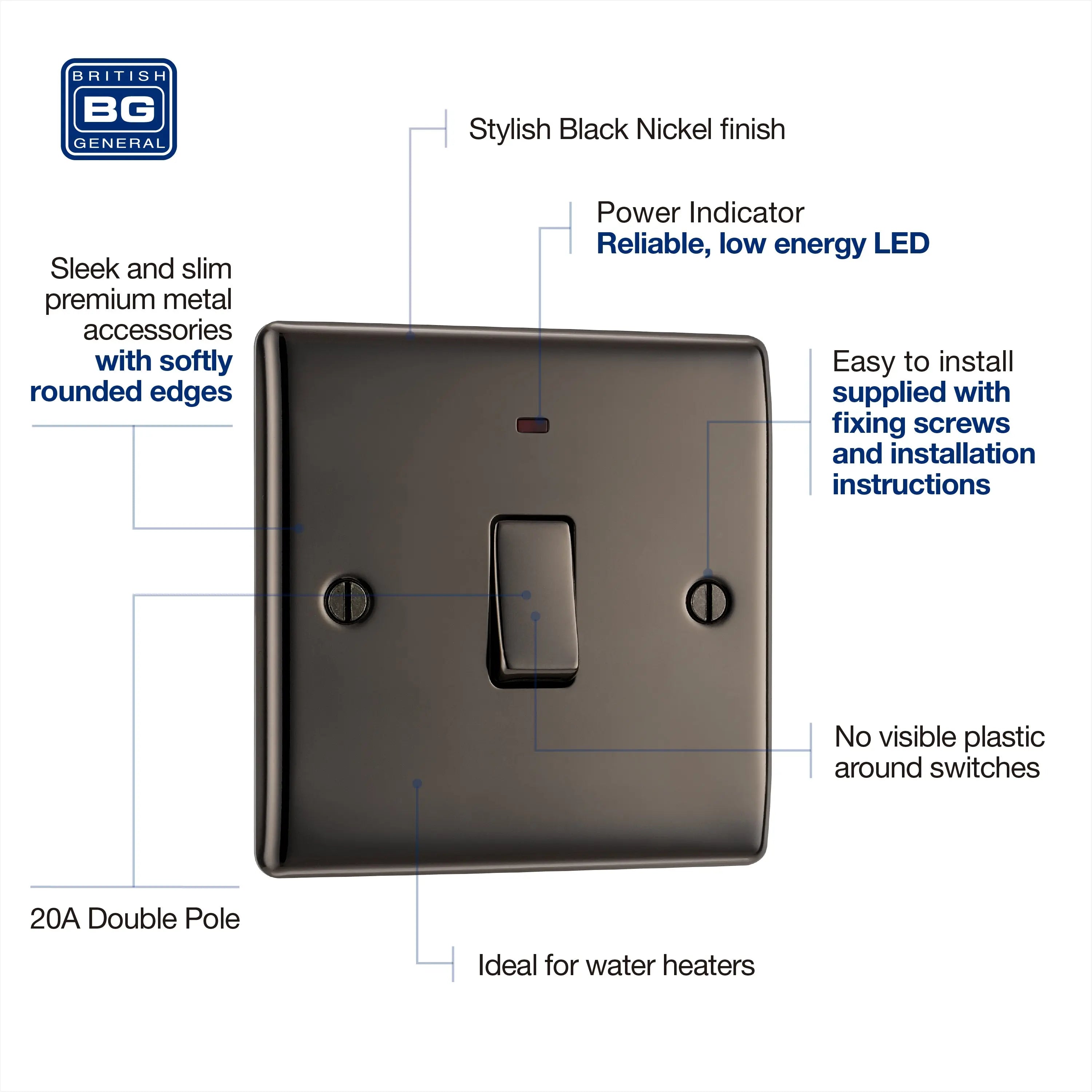 BG Nexus Metal 20A DP Switch with Neon in Black Nickel - NBN31-01 BG (British General)