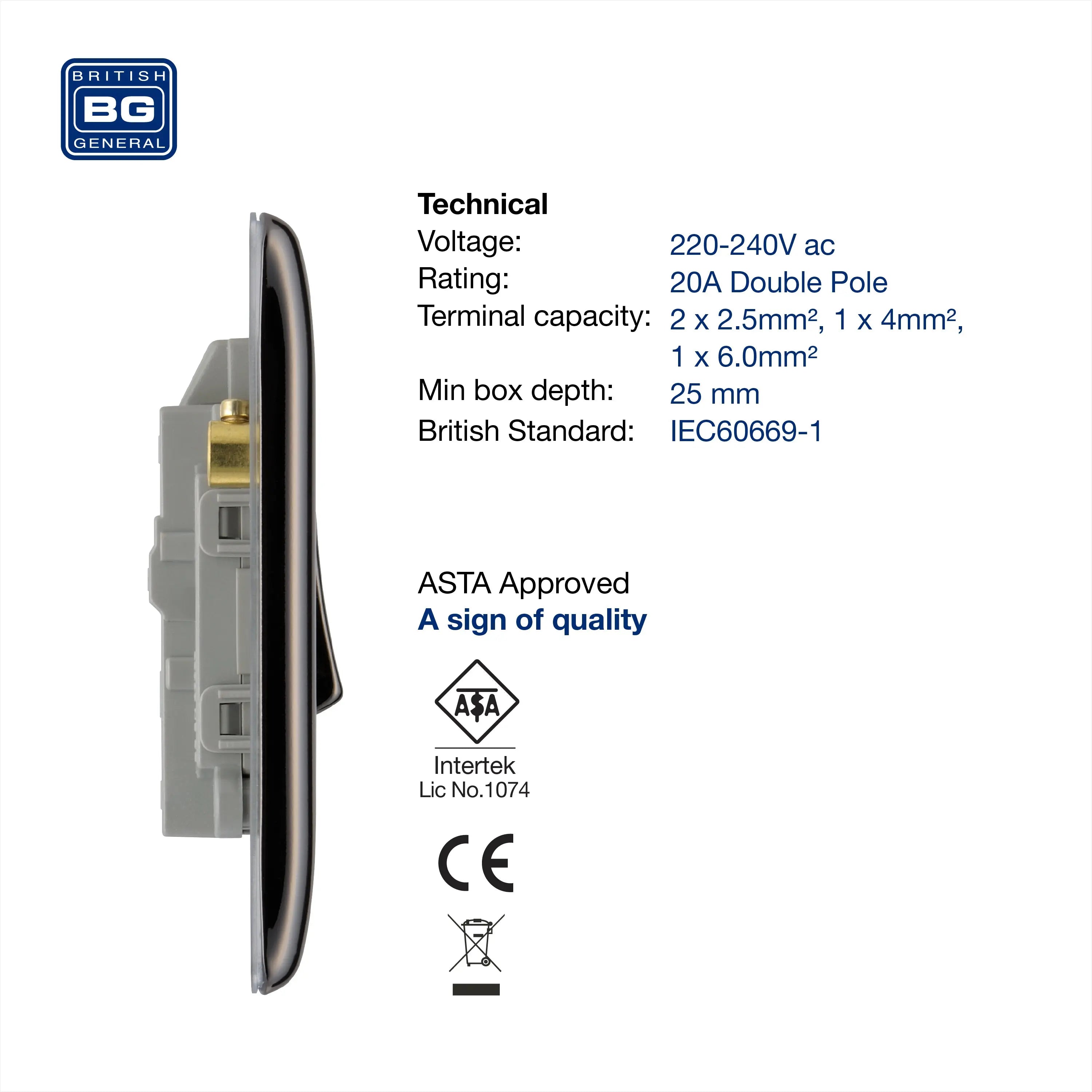 BG Nexus Metal 20A DP Switch with Neon in Black Nickel - NBN31-01 BG (British General)