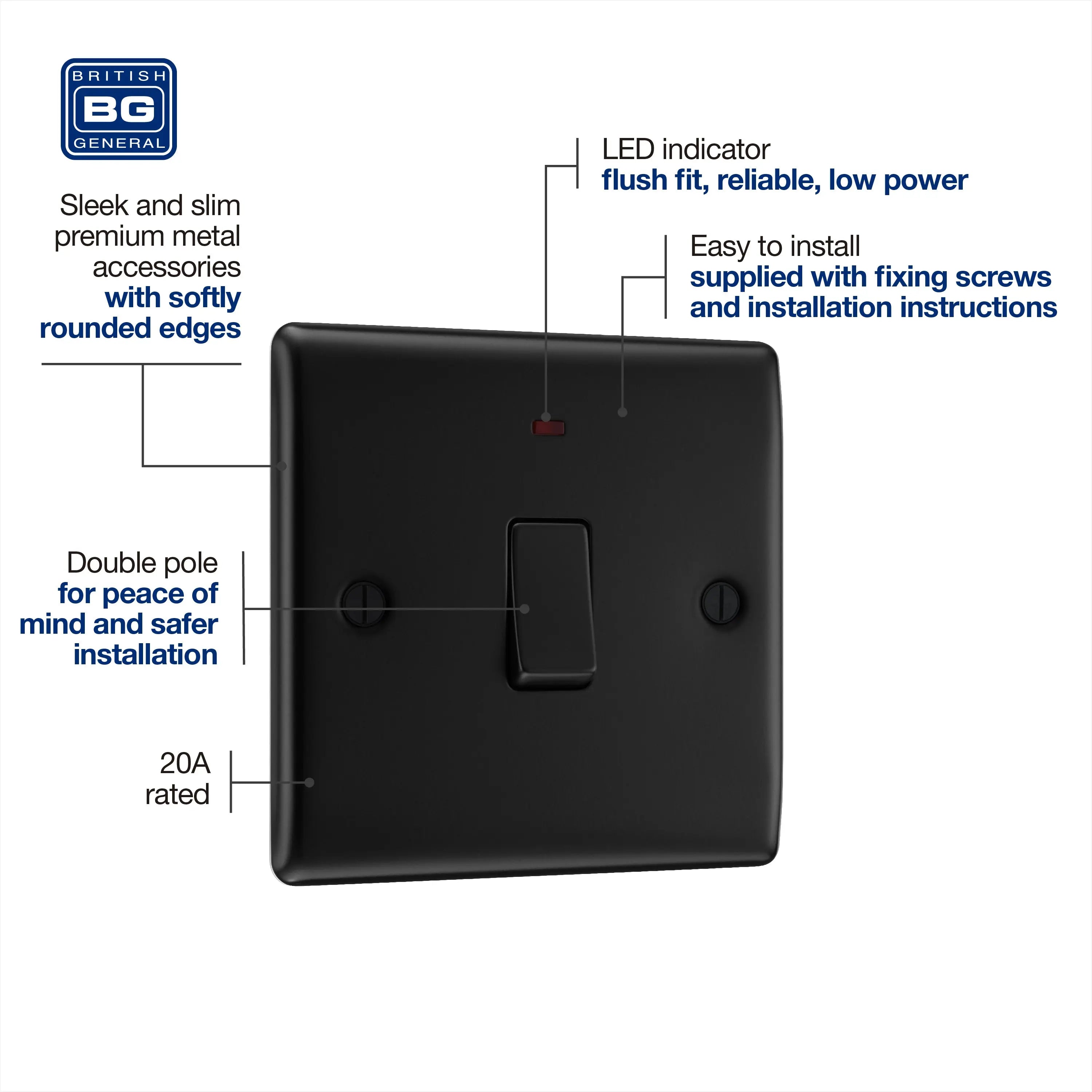 BG Nexus Metal 20A DP Switch with Neon in Matt Black BG Nexus