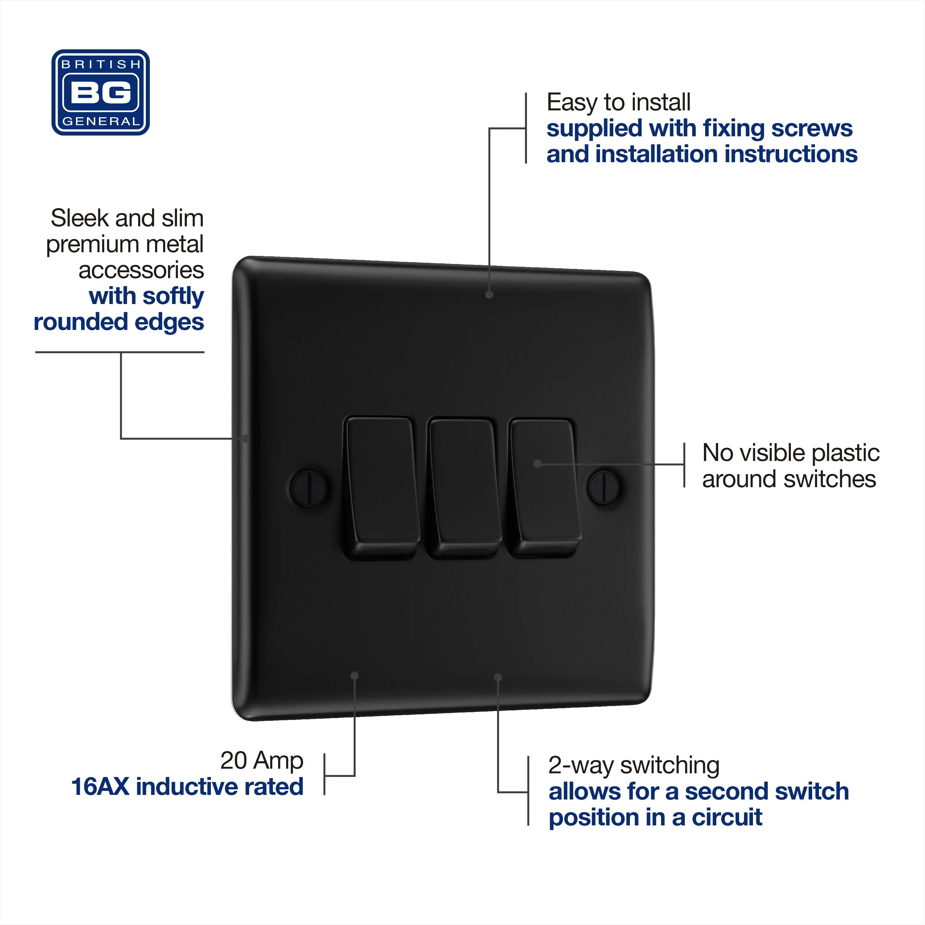 BG Nexus Metal Matt Black 3 Gang 20A 16AX 2 Way Plate Switch -NFB43 BG Nexus