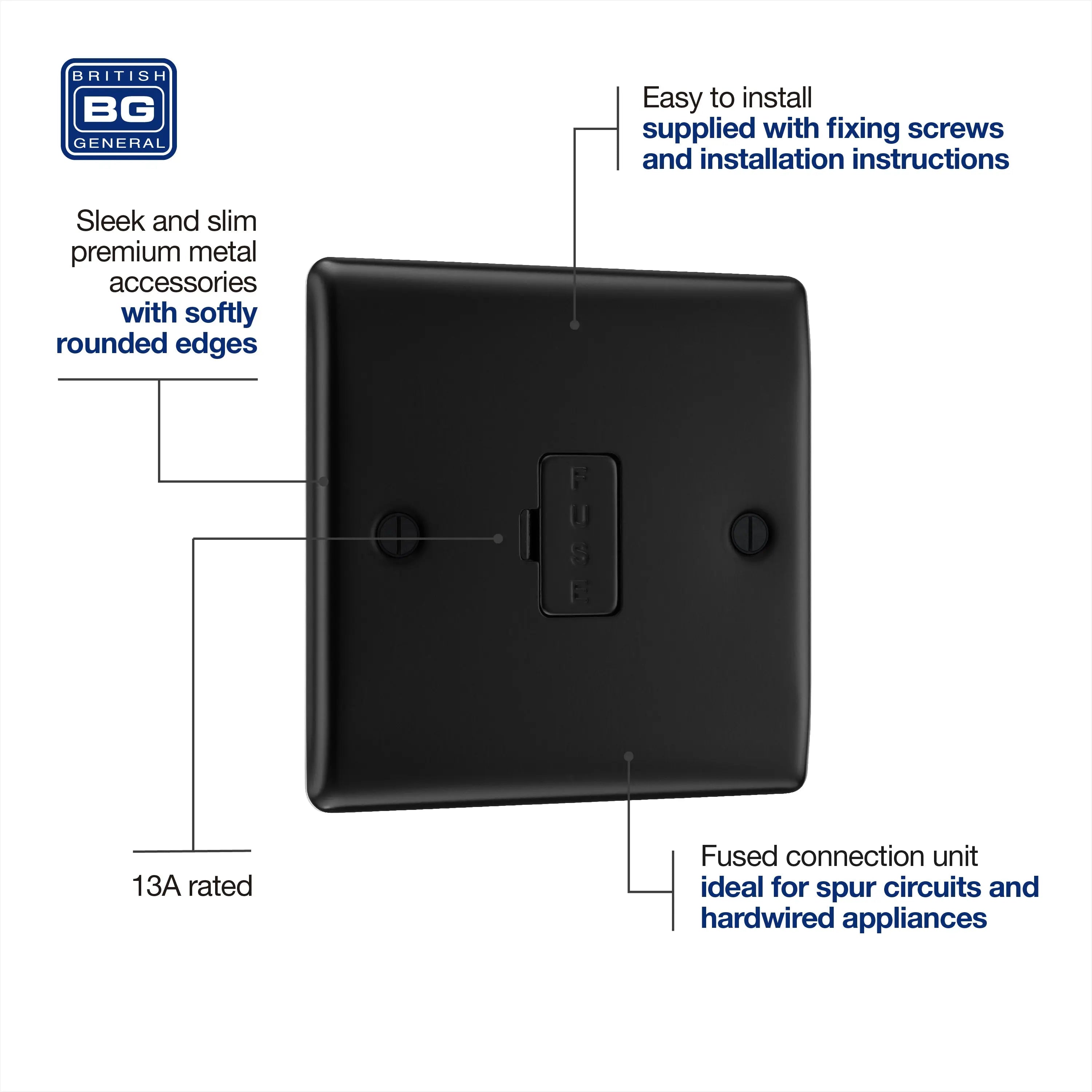 BG Nexus Metal Un-Switched Fused Spur in Matt Black BG Nexus