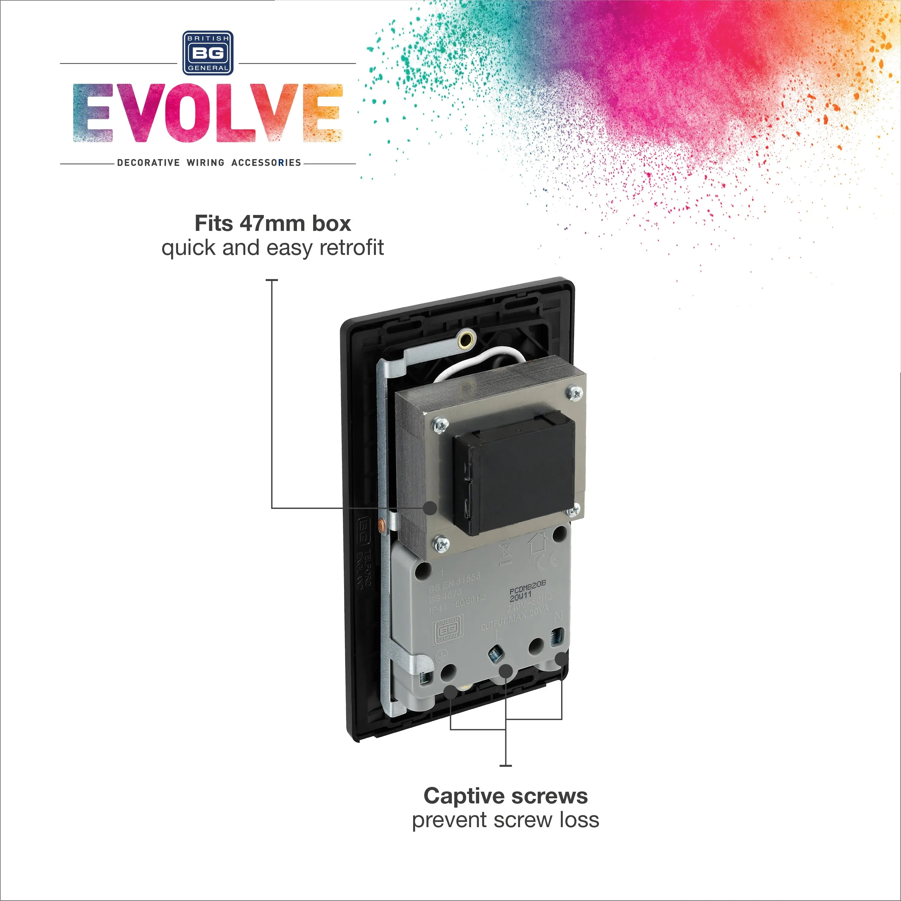 BG Evolve Matt Black Screwless Dual Volt Shaver Socket PCDMB20B BG (British General)