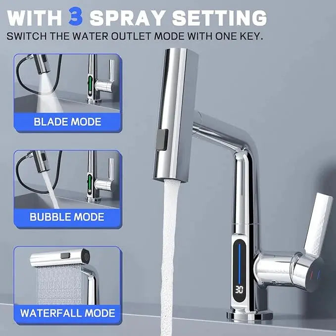 Modern Single Hole Basin Faucet with Waterfall, Pull Out Sprayer and LED Temperature Display, Chrome Silver ACAS Electrical