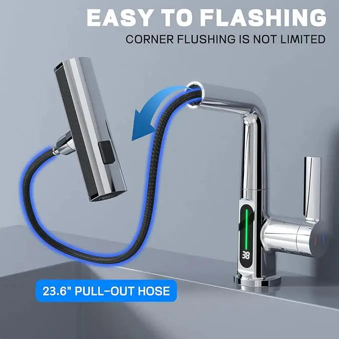 Modern Single Hole Basin Faucet with Waterfall, Pull Out Sprayer and LED Temperature Display, Chrome Silver ACAS Electrical
