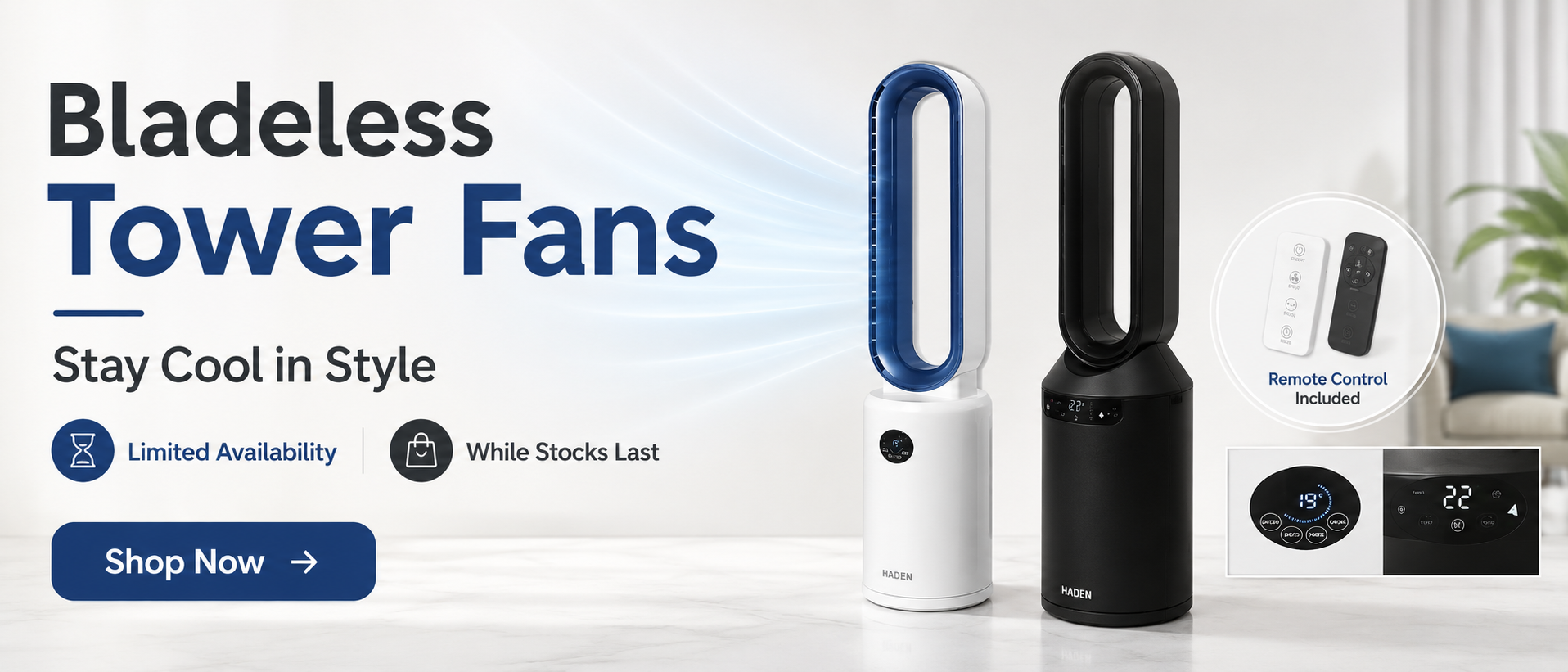 Bladeless tower fans in black and white with remote control, in stock with limited stock available at ACAS Electrical