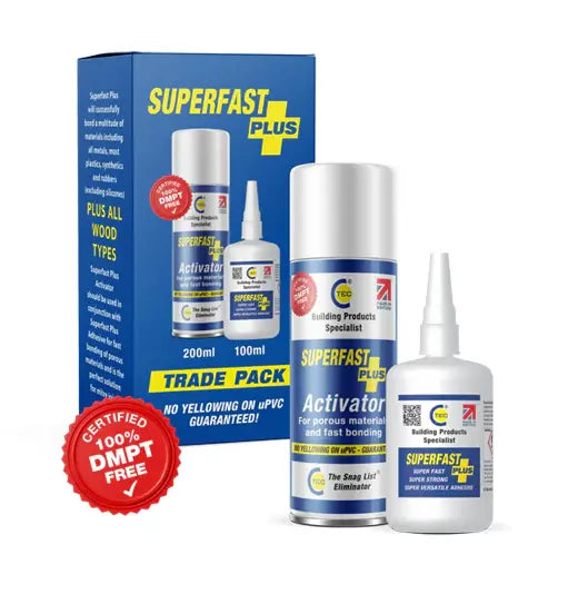 Superfast Plus building products including spray cans and a box on a white background