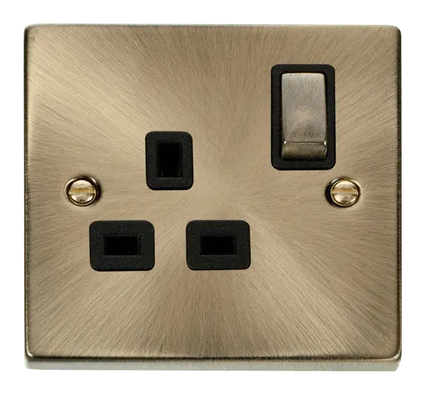 Click Deco Antique Brass 1 Gang 13A DP 'Ingot' Switched Socket Outlet with Black Insert – VPAB535BK