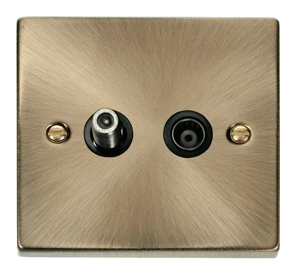 Click Deco Antique Brass 1 Gang Satellite & Coaxial Socket Outlet with Black Insert – VPAB170BK