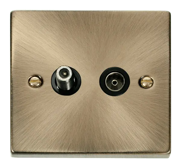 Click Deco Antique Brass 1 Gang Satellite & Isolated Coaxial Socket Outlet with Black Insert – VPAB157BK