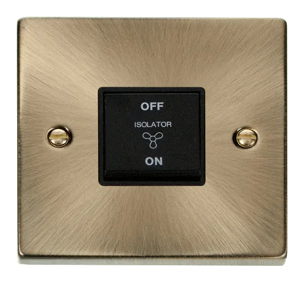 Click Deco Antique Brass 10A 3 POLE FAN ISOLATION PLATE SWITCH with Black Insert – VPAB020BK