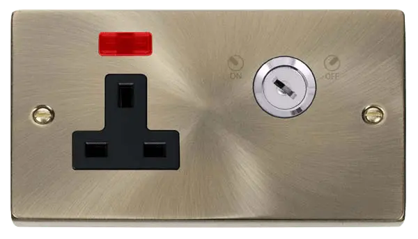 Click Deco Antique Brass 13A 1 Gang DP Key Lockable Socket With Neon with Black Insert – VPAB675BK