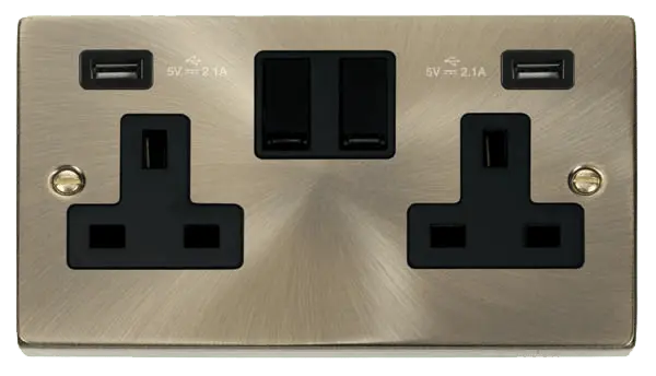 Click Deco Antique Brass 13A 2 Gang Switched Socket With Twin 2.1A USB Outlets (4.2A) (Twin Earth) with Black Insert – VPAB780BK