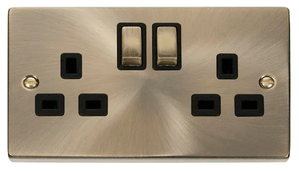 Click Deco Antique Brass 2 Gang 13A DP 'Ingot' Switched Socket Outlet with Black Insert – VPAB536BK