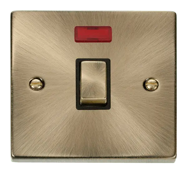 Click Deco Antique Brass 20A 1 Gang DP 'Ingot' Switch + Neon with Black Insert – VPAB723BK