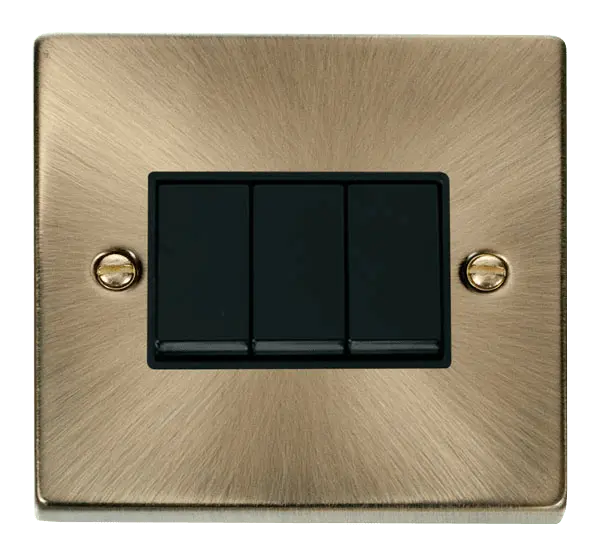 Click Deco Antique Brass 3 Gang 2 Way 10AX Switch with Black Insert – VPAB013BK
