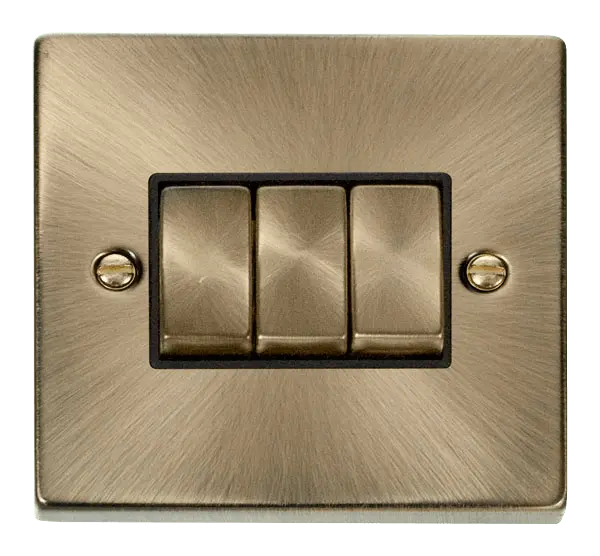 Click Deco Antique Brass 3 Gang 2 Way 'Ingot' 10AX Switch with Black Insert – VPAB413BK