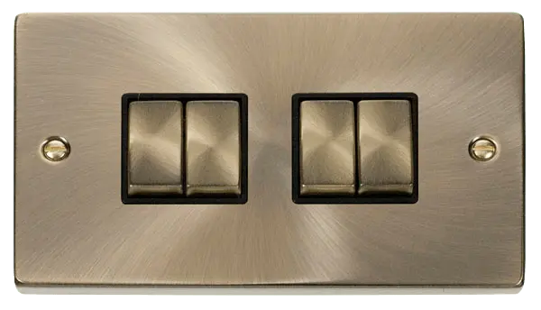 Click Deco Antique Brass 4 Gang 2 Way 'Ingot' 10AX Switch with Black Insert – VPAB414BK