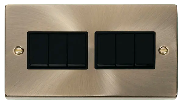 Click Deco Antique Brass 6 Gang 2 Way 10AX Switch with Black Insert – VPAB105BK
