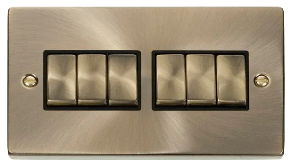 Click Deco Antique Brass 6 Gang 2 Way 'Ingot' 10AX Switch with Black Insert – VPAB416BK