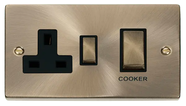 Click Deco Antique Brass Ingot 45A DP Switch + 13A Switched Socket with Black Insert – VPAB504BK