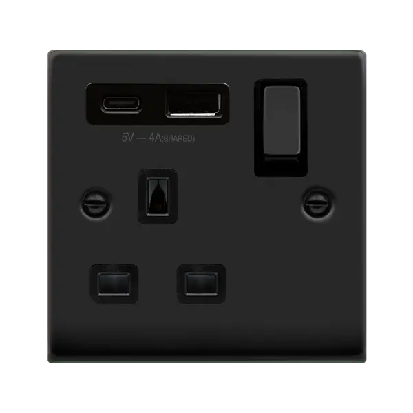Click Deco Matt Black DECO 'INGOT' 13A 1  GANG  SWITCHED SAFETY SHUTTER SOCKET OUTLET WITH TYPE A & C USB (4A) OUTLETS - METAL BLACK - BLACK INSERTS with Black Insert – VPMB585BK
