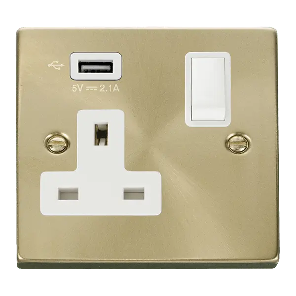 Click Scolmore Click Deco Satin Brass 13A 1 Gang Switched Socket Outlet With Single 2.1A USB Outlet with White Insert