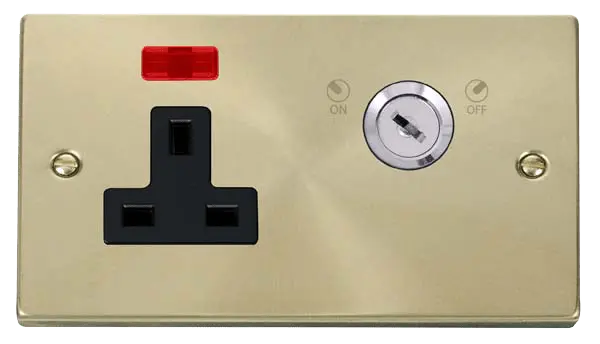 Click Scolmore Click Deco Satin Brass 13A 2G Key Lockable Socket with Neon with Black Insert - VPSB675BK