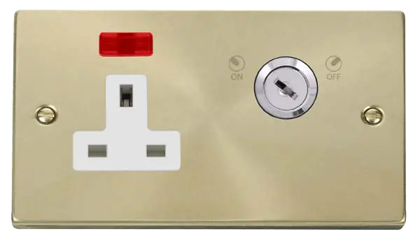 Click Scolmore Click Deco Satin Brass 13A 2G Key Lockable Socket with Neon with White Insert - VPSB675WH