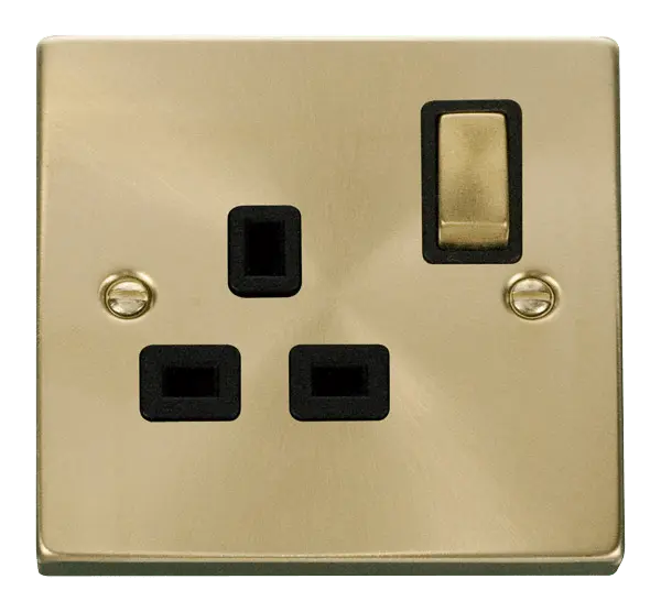 Click Scolmore Click Deco Satin Brass 13A Single Switched Socket () with Black Insert - VPSB535BK