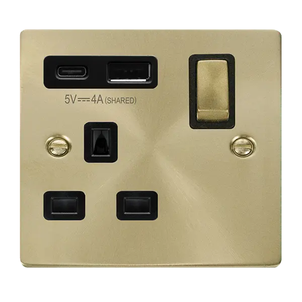 Click Scolmore Click Deco Satin Brass 13A Single Switched Socket with Type A & C USB with Black Insert - VPSB585BK
