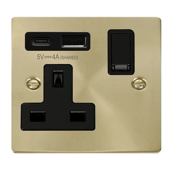 Click Scolmore Click Deco Satin Brass 13A Single Switched Socket with Type A & C USB with Black Insert - VPSB785BK