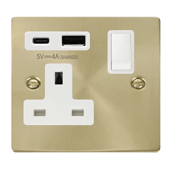 Click Scolmore Click Deco Satin Brass 13A Single Switched Socket with Type A & C USB with White Insert - VPSB785WH