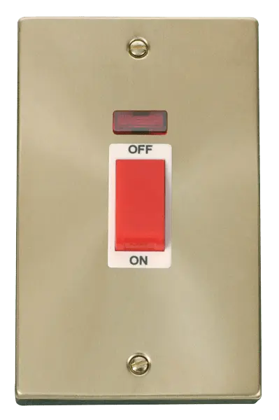 Click Scolmore Click Deco Satin Brass 2 Gang 45A Vertical Double Pole Switch with Neon with White Insert - VPSB203WH