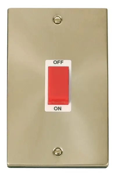 Click Scolmore Click Deco Satin Brass 2 Gang 45A Vertical Double Pole Switch with White Insert - VPSB202WH