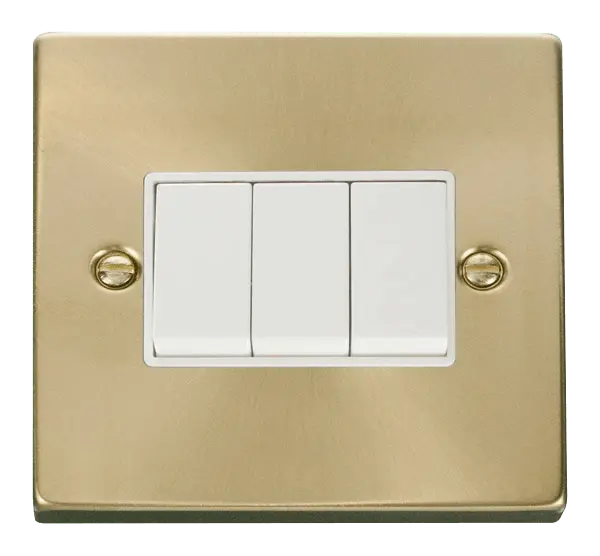 Click Scolmore Click Deco Satin Brass 3 Gang 2 Way Switch with White Insert - VPSB013WH