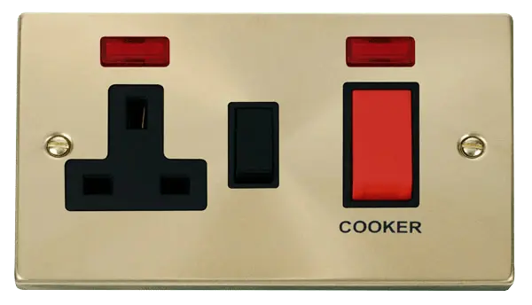 Click Scolmore Click Deco Satin Brass 45A Double Pole Switch with 13A Switched Socket and Neon with Black Insert - VPSB205BK